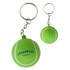A green tennis ball key ring with white stripes, attached to a metal keychain, featuring a logo.