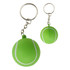 A green tennis ball key ring featuring a textured surface and white markings, attached to a metal keyring.