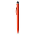 A stylus pen in bright orange with a black tip and a clip. It features a logo on the body.