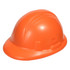 An orange stress hard hat with a smooth surface and simple detailing. It features a branding logo.