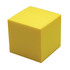 A yellow stress cube with a smooth surface, featuring a branding logo.