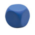 A blue rounded cube stress ball with smooth surfaces and a soft texture, designed for stress relief.