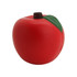 A red stress ball shaped like an apple with a green leaf and brown stem. It has a smooth texture.