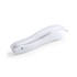 A white toothbrush with a curved handle, featuring a bristle head and a logo.