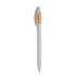 A metal pen in grey with an orange accent and a silver clip, featuring a logo on the side.