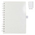 A white La Trobe Stone Paper Notebook with a textured cover and a grey elastic band, featuring a spiral binding.