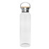 A drink bottle in clear glass with a wooden and metal cap. It features a handle for carrying.