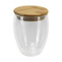A drinkware product featuring a clear double wall glass cup with a bamboo lid, 350ml capacity.