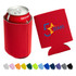 A red foam stubby cooler holding a drink can, with a logo and a range of colours displayed below.
