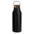 A drink bottle in matte black with a wooden lid and a metal handle. It features a logo on the body.