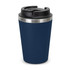 A drink bottle with a black lid and a navy blue body, featuring a stainless steel band. It has a logo on the body.
