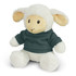 A plush lamb toy with soft white fur and beige features, wearing a dark grey shirt.