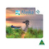 A mouse mat featuring a scenic image of a pier at sunset, with greenery and boats, showcasing blue and earthy tones.