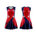 A red and navy women's full-skirt netball dress with a zipper and multiple button tabs, featuring a logo. A red and navy women's full-skirt netball dress with a zipper and multiple button tabs, featuring a logo.