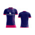 A sports jersey in navy blue with pink accents and a logo on the front, featuring short sleeves. A sports jersey in navy blue with pink accents and a logo on the front, featuring short sleeves.