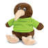 A brown kiwi plush toy wearing a bright green shirt, featuring large eyes and soft feet, sitting upright.