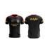 A black sports training top with red accents and a logo on both the front and back. A black sports training top with red accents and a logo on both the front and back.
