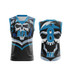 A black AFL jersey featuring blue and grey patterns, with a skull design and a number 8. It has a logo on the front. A black AFL jersey featuring blue and grey patterns, with a skull design and a number 8. It has a logo on the front.
