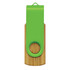 A bamboo flash drive with a green plastic top, featuring a circular hole for attachment.