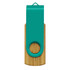 A bamboo flash drive featuring a turquoise plastic cap and a circular hole for easy attachment.