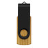 A bamboo flash drive with a black top and a circular loop for attachment. It features a logo on the surface.
