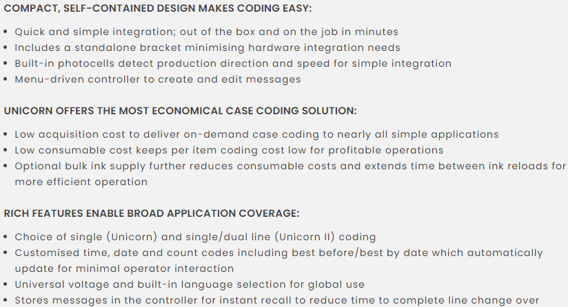 Videojet Unicorn II Case Coder Benefits