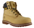 Caterpillar Holton Mens SB Safety Steel Toe Cap Lace Up Work Boots, tan leather construction with black and yellow accents and rugged rubber sole.