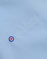 Lambretta Mens ShowerProof Classic Harrington MOD Scooter Jacket Coat, close-up of the light blue waterproof fabric with Lambretta logo and embroidered MOD symbol.