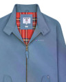Lambretta Mens ShowerProof Classic Harrington MOD Scooter Jacket Coat, light blue zip-up jacket with embroidered Lambretta logo, collar, and red tartan lining.