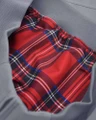Lambretta Mens ShowerProof Classic Harrington MOD Scooter Jacket Coat, detailed close-up of the jacket's interior showcasing a red tartan lining with black, white, pink, and blue accents.