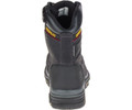 Caterpillar Premier 8 TX Mens Composite Toe/Midsole Water-Resistant Work Boots, back view showing durable black leather construction with yellow and red branding, waterproof design, and rugged sole for industrial and construction work.
