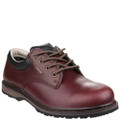 Cotswold Stonesfield Mens Waterproof Leather Hiking Walking Shoes, close-up image of a burgundy leather outdoor footwear with waterproof feature, black padded collar, sturdy tread sole, and beige laces.