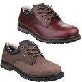 Cotswold Stonesfield Mens Waterproof Leather Hiking Walking Shoes, pair of men's waterproof leather hiking shoes in burgundy and taupe colors with rugged soles and padded collars.