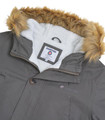 Lambretta Mens/Womens Carnaby Scooter Hooded Classic Mod Ska Badge Parka, close-up of the grey parka jacket with faux fur-lined hood and branded label inside.