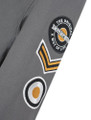 Lambretta Mens/Womens Carnaby Scooter Hooded Classic Mod Ska Badge Parka, close-up of the embroidered patches on the grey fabric showcasing the scooter badge, Chevron, and target patches.