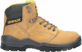 Caterpillar Striver Mens/Womens Safety Steel Toe/Midsole S3 Work Boots, tan leather safety work boots with black and yellow accents, steel toe cap, padded collar, and rugged outsole for durability.