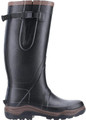 Cotswold Compass Mens/Womens Neoprene Stable Farm High Wellington Wellies, black rubber riding boots with brown trim and adjustable strap.