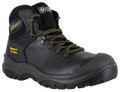 Grisport GriSport Contractor Mens S3 Safety Steel Toe/Midsole Work Boots, black leather safety boots with yellow and black laces, steel toe, reinforced midsole, and rugged sole for industrial work environments.