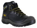 Grisport GriSport Contractor Mens S3 Safety Steel Toe/Midsole Work Boots, black safety boots with steel toe, durable leather upper, yellow and black laces, and slip-resistant outsole.