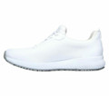 Skechers Squad Womens Slip Resistant Work Memory Foam Trainers, all-white athletic sneaker with lightweight mesh upper, cushioned insole, and slip-resistant rubber sole.