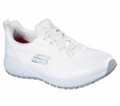 Skechers Squad Womens Slip Resistant Work Memory Foam Trainers, white athletic shoe with breathable mesh upper and cushioned sole.