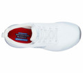 Skechers Squad Womens Slip Resistant Work Memory Foam Trainers, top view showing white athletic shoe with lace-up front and red interior with label highlighting slip resistance and comfort features.