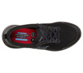 Skechers Squad Womens Slip Resistant Work Memory Foam Trainers, top view of black athletic shoe showing slip-resistant sole, breathable mesh upper, and cushioned insole.