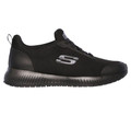 Skechers Squad Womens Slip Resistant Work Memory Foam Trainers, black slip-on sneakers designed for work environments with non-slip sole and cushioned insole for comfort.