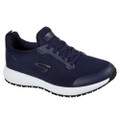 Skechers Squad Womens Slip Resistant Work Memory Foam Trainers, navy blue athletic shoes with cushioned white sole and breathable mesh upper.