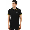 Lambretta Mens Casual Classic Twin Tipped MOD SKA Polo Shirt, a men's black polo shirt with yellow twin tipping on the collar and sleeves, featuring the Lambretta logo embroidered on the chest.