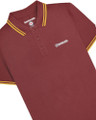 Lambretta Mens Casual Classic Twin Tipped MOD SKA Polo Shirt, maroon polo shirt with yellow and black striped trim on collar and sleeves featuring the Lambretta logo on the chest.