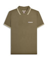 Lambretta Mens Casual Classic Twin Tipped MOD SKA Polo Shirt, olive green short sleeve polo shirt with contrasting beige twin tipping on collar and sleeves, embroidered Lambretta logo on chest, and button placket.