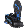 PUMA Safety PUMA Rio Low Mens Safety Steel Toe/Midsole S3 Work Trainers, black and blue safety work shoes with steel toes and slip-resistant outsole.