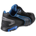 PUMA Safety PUMA Rio Low Mens Safety Steel Toe/Midsole S3 Work Trainers, black and blue safety work shoes with steel toe protection and breathable mesh lining.